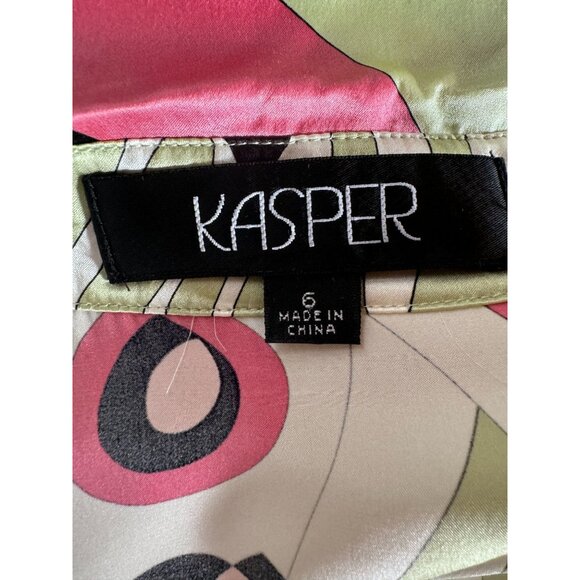 Silk Patterned Blouse By Kasper Size 6 - Green & Pink Design French Cuff Blemish - Picture 14 of 16